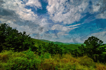 Digitally created watercolor painting of view of mountain top vista in Shenandoah National Park on Skyline Drive