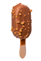 Ice cream in a glaze of milk chocolate and nuts on a wooden stick. Isolate on a white background