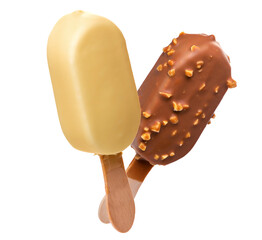 Ice cream in a glaze of white chocolate and in a glaze of milk chocolate and nuts on wooden sticks. Isolate on a white background