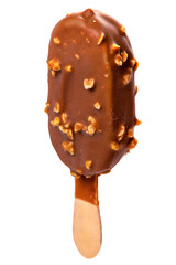 Ice cream in a glaze of milk chocolate and nuts on a wooden stick. Isolate on a white background