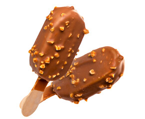 Ice cream in a glaze of milk chocolate and nuts on a wooden stick. Isolate on a white background