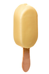 Ice cream in white chocolate glaze on a wooden stick. Isolate on a white background