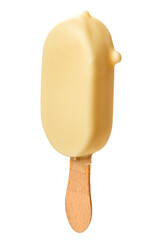 Ice cream in white chocolate glaze on a wooden stick. Isolate on a white background