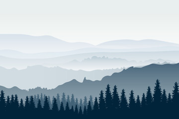 Horizontal mountain landscape with trees. Panoramic view of ridges and forest in fog, vector illustration.