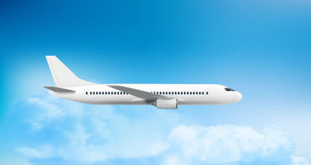 Flying modern airplane flying in cloudy sky. Air travel concept. 3d vector illustration