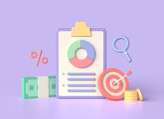 3d pie chart, target and arrow, stack of money in cartoon style. business development concept, data analytics, financial growth. illustration isolated on purple background.3d rendering