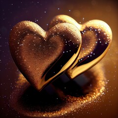 Two golden sparkling hearts on glitter shiny background. St. Valentine's Day card concept with space for text.
