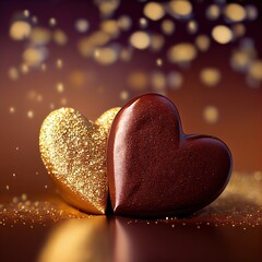 Two shiny chocolate hearts nn gold glitter background. St. Valentine's Day card concept with copyspace for text. Sweet candy gift.