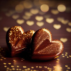 Two shiny chocolate hearts nn gold glitter background. St. Valentine's Day card concept with copyspace for text. Sweet candy gift.