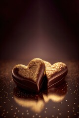 Two shiny chocolate hearts nn gold glitter background. St. Valentine's Day card concept with copyspace for text. Sweet candy gift.