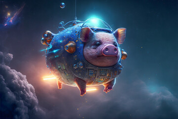 Abstract illustration in the style of Cyberpunk. A pig in the form of a spaceship. - 563403007