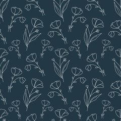 White line art (wildflowers) on the dark aquamarine background, Vector seamless pattern