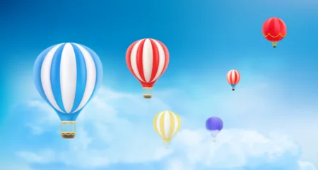 Foto op Plexiglas Luchtballon Flying air balloons in cloudy sky. Air travel concept. 3d vector illustration