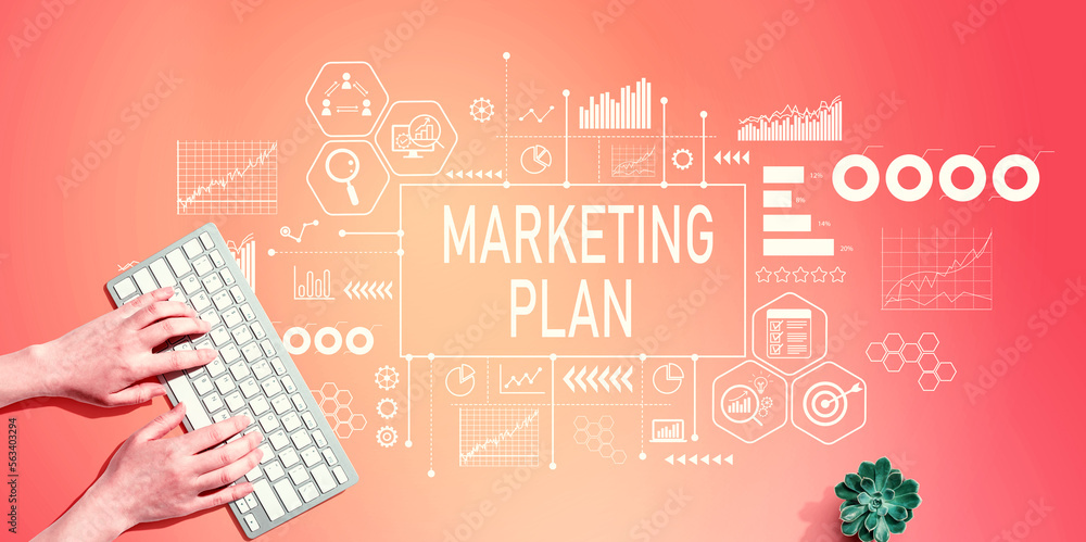 Poster marketing plan theme with person using computer keyboard