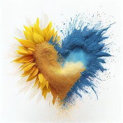Blue and yellow exploding heart made from powder on white background. Ukrainian national flag color. Freeze shape motion of color powder explosion. St Valentine's Day card creative idea. AI generative