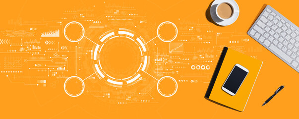 Tech circle with computer keyboard and office items