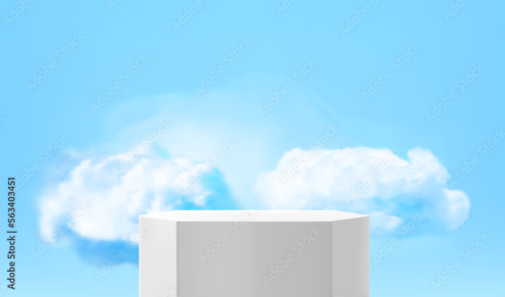 Poster empty white podium with rain clouds. 3d vector presentation mockup