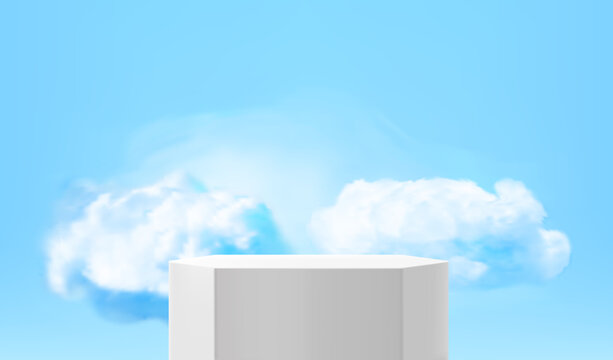 Empty white podium with rain clouds. 3d vector presentation mockup 