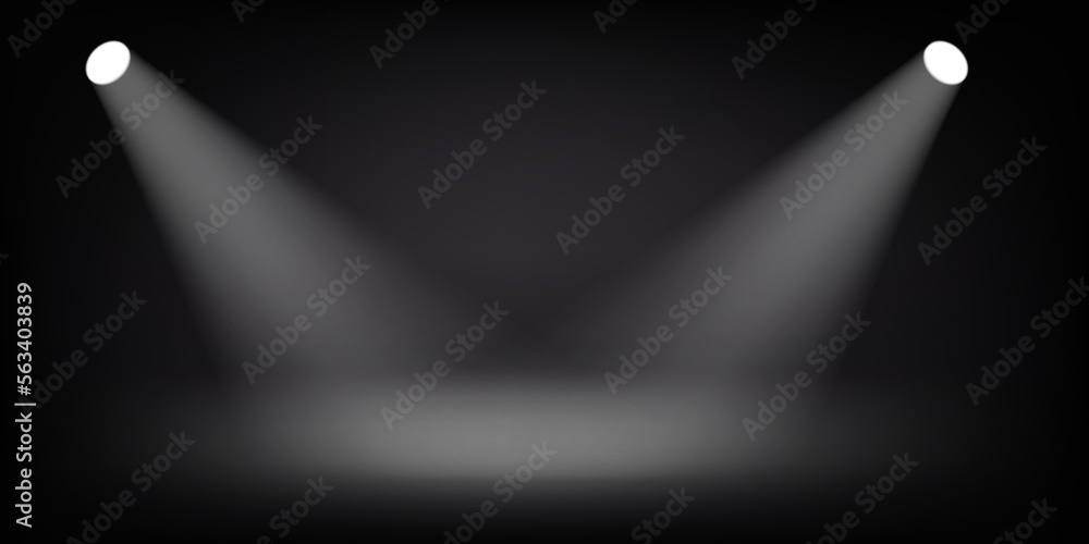 Aufkleber Abstract illuminated empty dark stage with bright projectors. Design template. 3d vector background