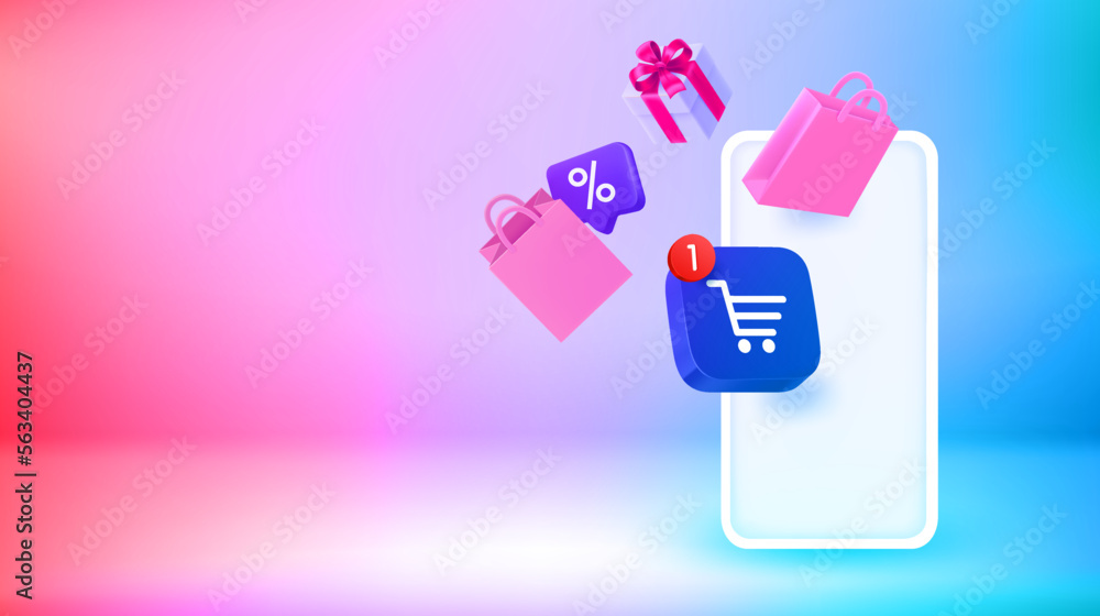 Poster internet shopping via modern smartphone. vector 3d banner with copy space