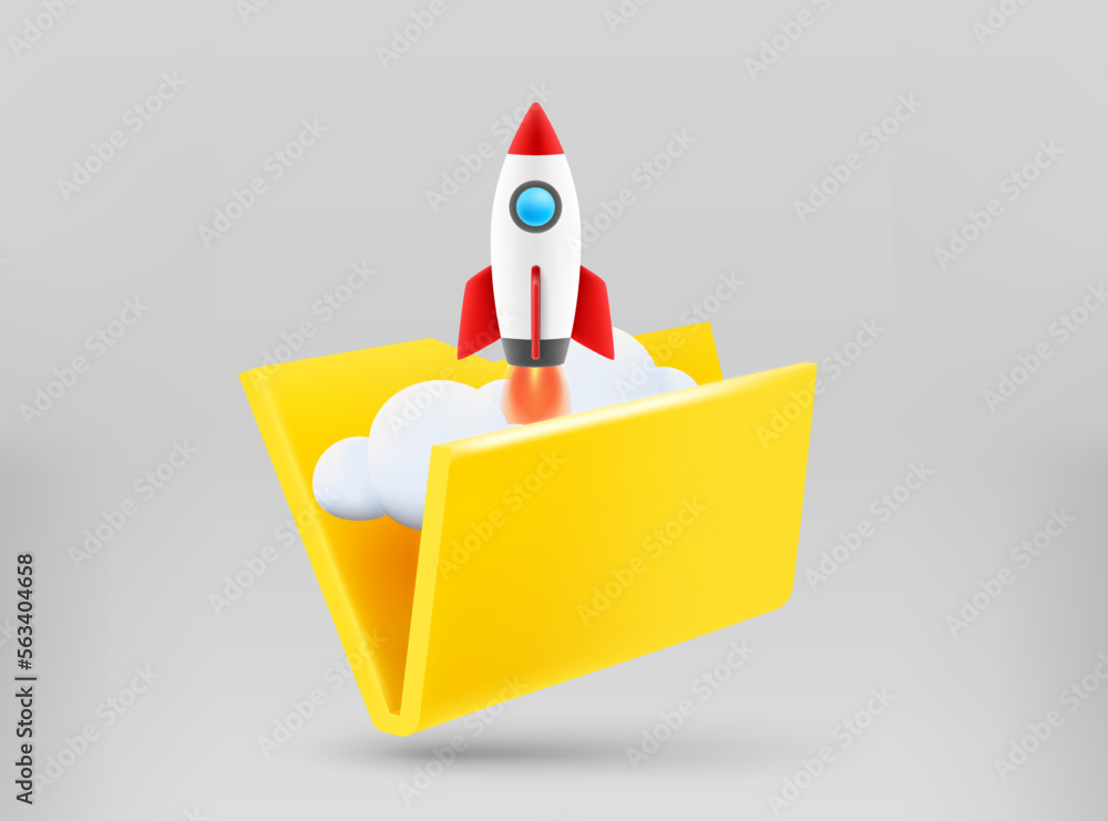 Poster yellow folder with rocket launch. business start up concept. 3d vector illustration