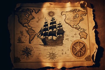 Pirate treasure map, with drawn pirate ship and sea. Generative AI