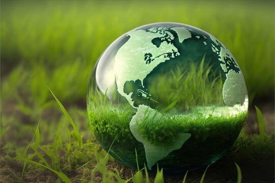 Glass ball with vegetation inside on the ground with grass, representing sustainability. AI digital illustration