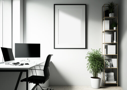 Office Interior Frame Mockup Illustration, Interior Office Room with Desk, Computer and Frame Mock Up, Generative AI