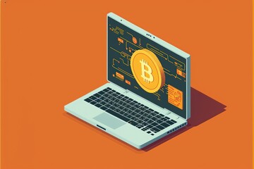 Bitcoin coin on laptop screen, with orange background. AI digital illustration