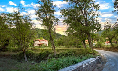Houses in Zarouhla village. Acahia, Greece. Greek mountainous landscapes at autumn and winter