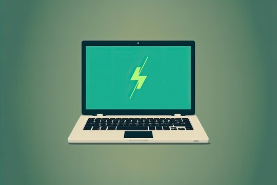 Battery and power icon on laptop screen with green background. AI digital illustration