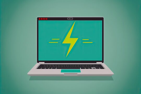 Battery and power icon on laptop screen with green background. AI digital illustration