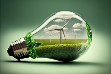 Light bulb with wind turbine inside, background. AI digital illustration