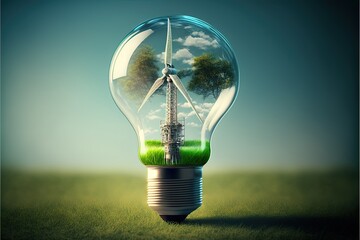 Light bulb with wind turbine inside, background. AI digital illustration