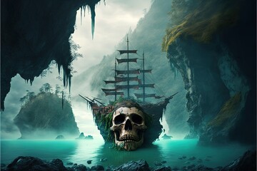 Giant skull on ghost pirate ship, island in background. Generative AI - obrazy, fototapety, plakaty