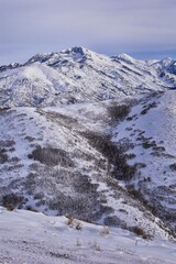 Fototapeta na wymiar Lone Peak from Mack Hill Sensei hiking trail mountain views by Lone Peak Wilderness, Wasatch Rocky Mountains, Utah. USA.