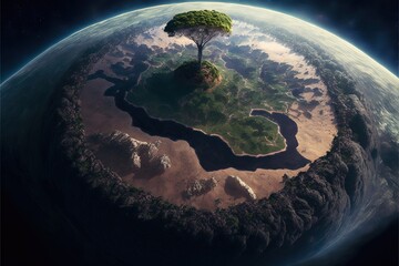 Illustration of planet Earth with a giant tree, seen from space. Generative AI