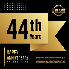 44th Anniversary template design with golden ribbon for anniversary celebration event, invitation card, greeting card, banner, poster, flyer, book cover. Vector Template