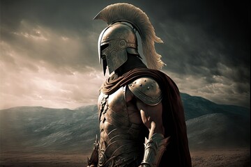 Spartan soldier illustration with helmet and battlefield in background. Generative AI - obrazy, fototapety, plakaty