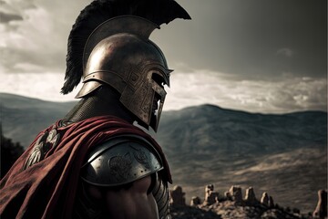 Naklejka premium Spartan soldier illustration with helmet and battlefield in background. Generative AI