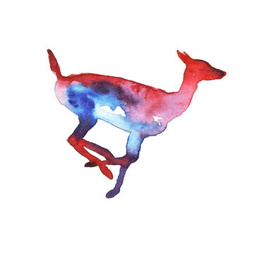 Bright colored watercolor image of a running deer. Spots, stripes, splashes. New illustration for poster or print.