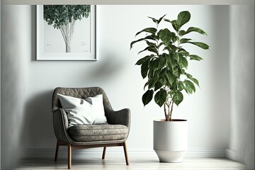 Minimalist living room with white wall, white armchair and potted plant. Generative AI