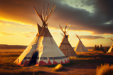 Indigenous first nation tipis on the great plains of north america; generative AI - obrazy, fototapety, plakaty