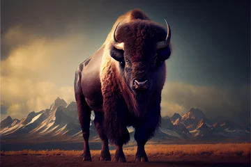 Foto op Plexiglas Lone plains bison standing proudly on the prairies with mountains  generative AI © Jeff Whyte
