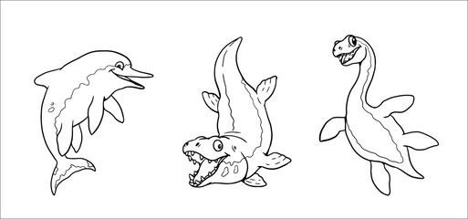 Cute dinosaur for coloring. Vector template for a coloring book with funny dinosaurs ichthyosaurus, plesiosaurus, mosasaurus. Coloring template for kids.	
