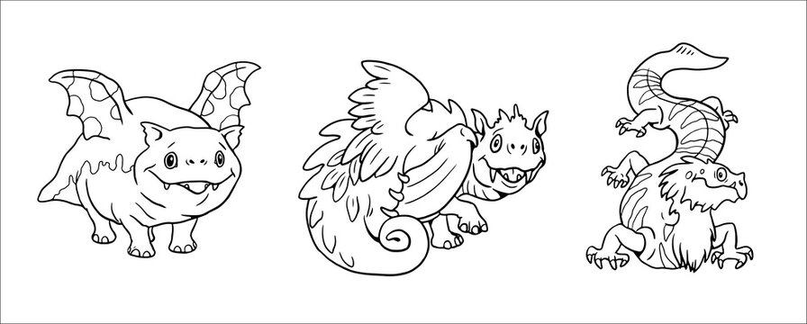 Cute dragons for coloring. Vector template for a coloring book with funny dragon. Coloring template for kids.	
