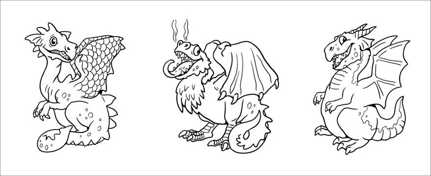 Cute dragons for coloring. Vector template for a coloring book with funny dragon. Coloring template for kids.	
