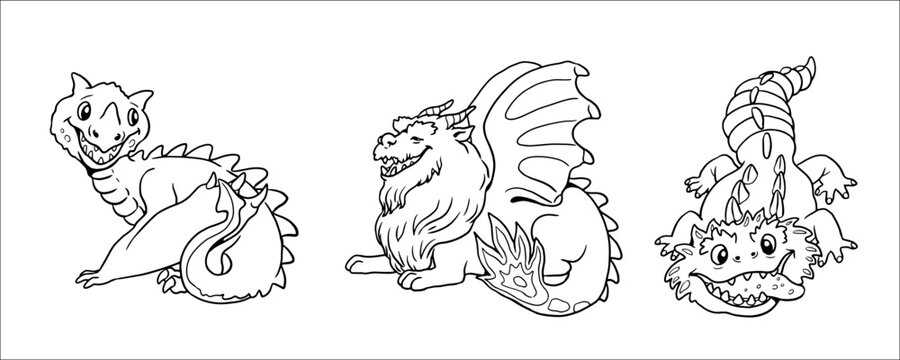 Cute dragons for coloring. Vector template for a coloring book with funny dragon. Coloring template for kids.	