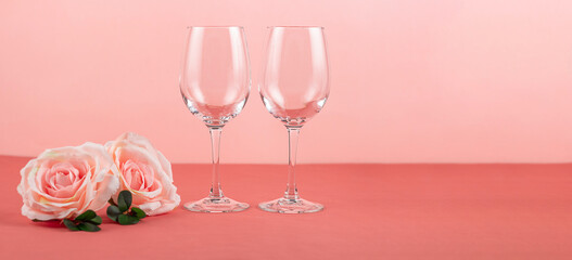Happy Valentine's Day. Valentine banner. Valentine. Two glasses and roses. Banner. copy space