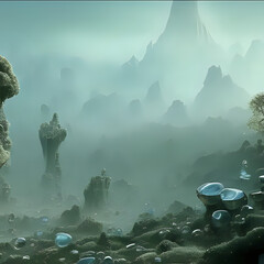 Unknown planet with crystal formations. Mountains can be seen behind a layer of mist (Generative AI)